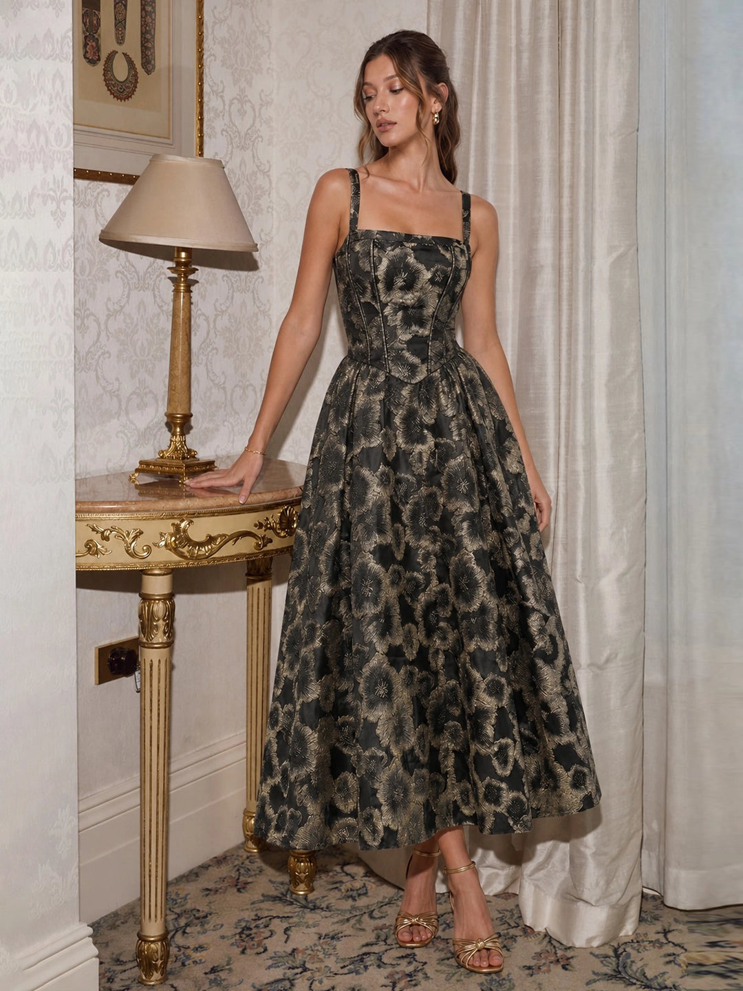 Square Neckline Floral Jacquard Midi Dress
