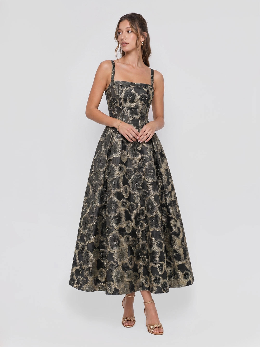 Square Neckline Floral Jacquard Midi Dress