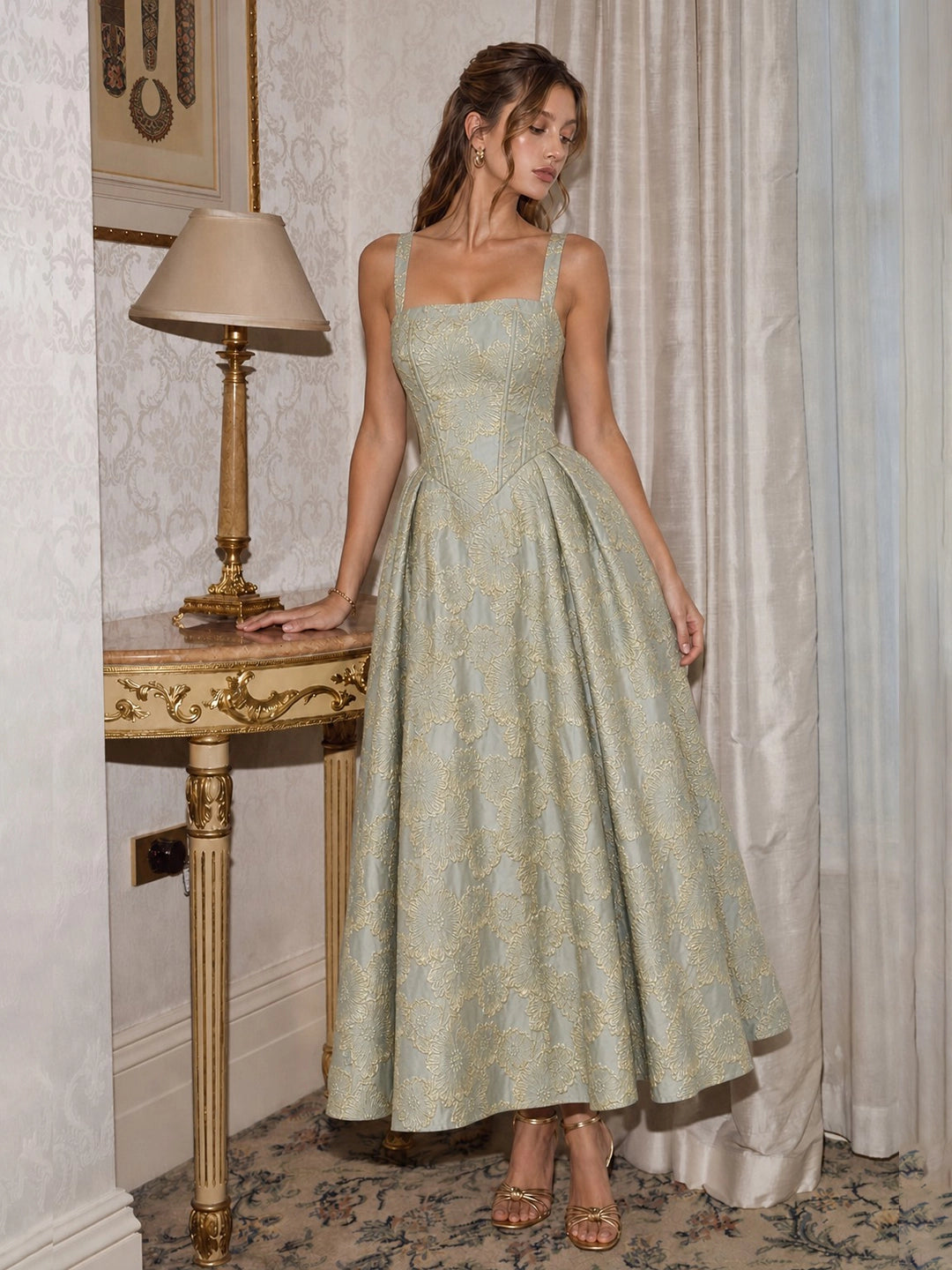 Square Neckline Floral Jacquard Midi Dress