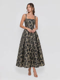 Square Neckline Floral Jacquard Midi Dress