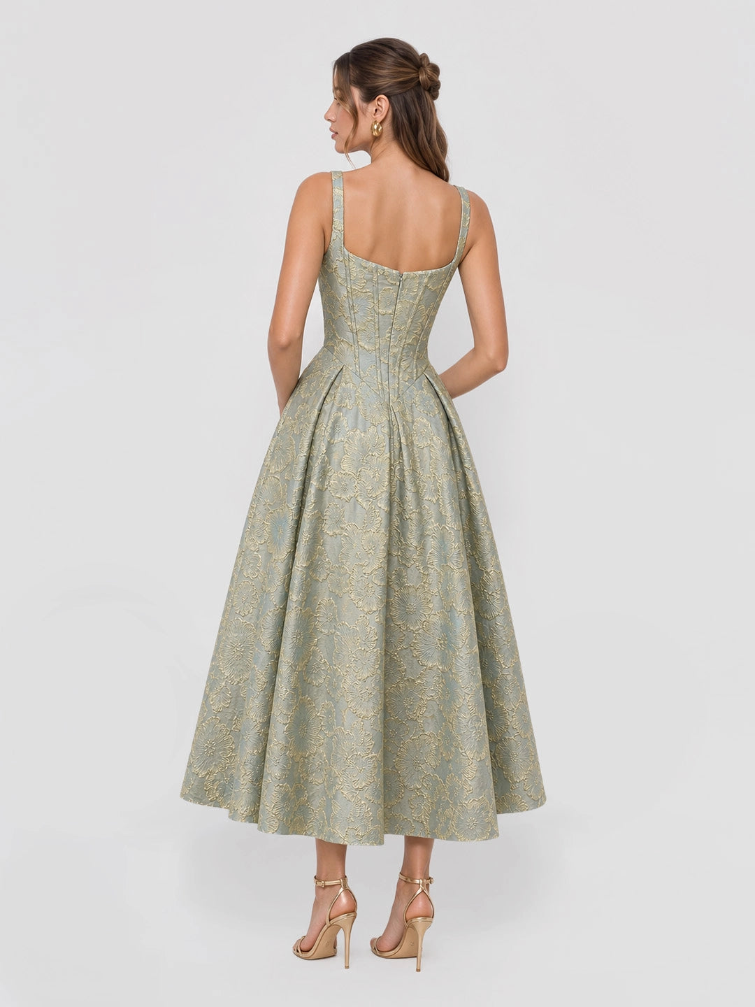 Square Neckline Floral Jacquard Midi Dress