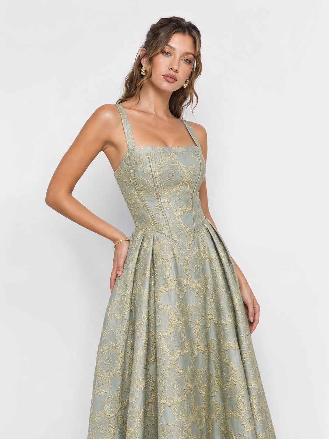 Square Neckline Floral Jacquard Midi Dress