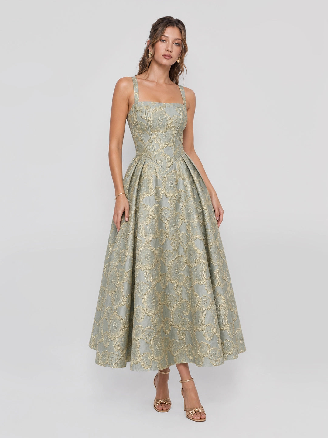 Square Neckline Floral Jacquard Midi Dress