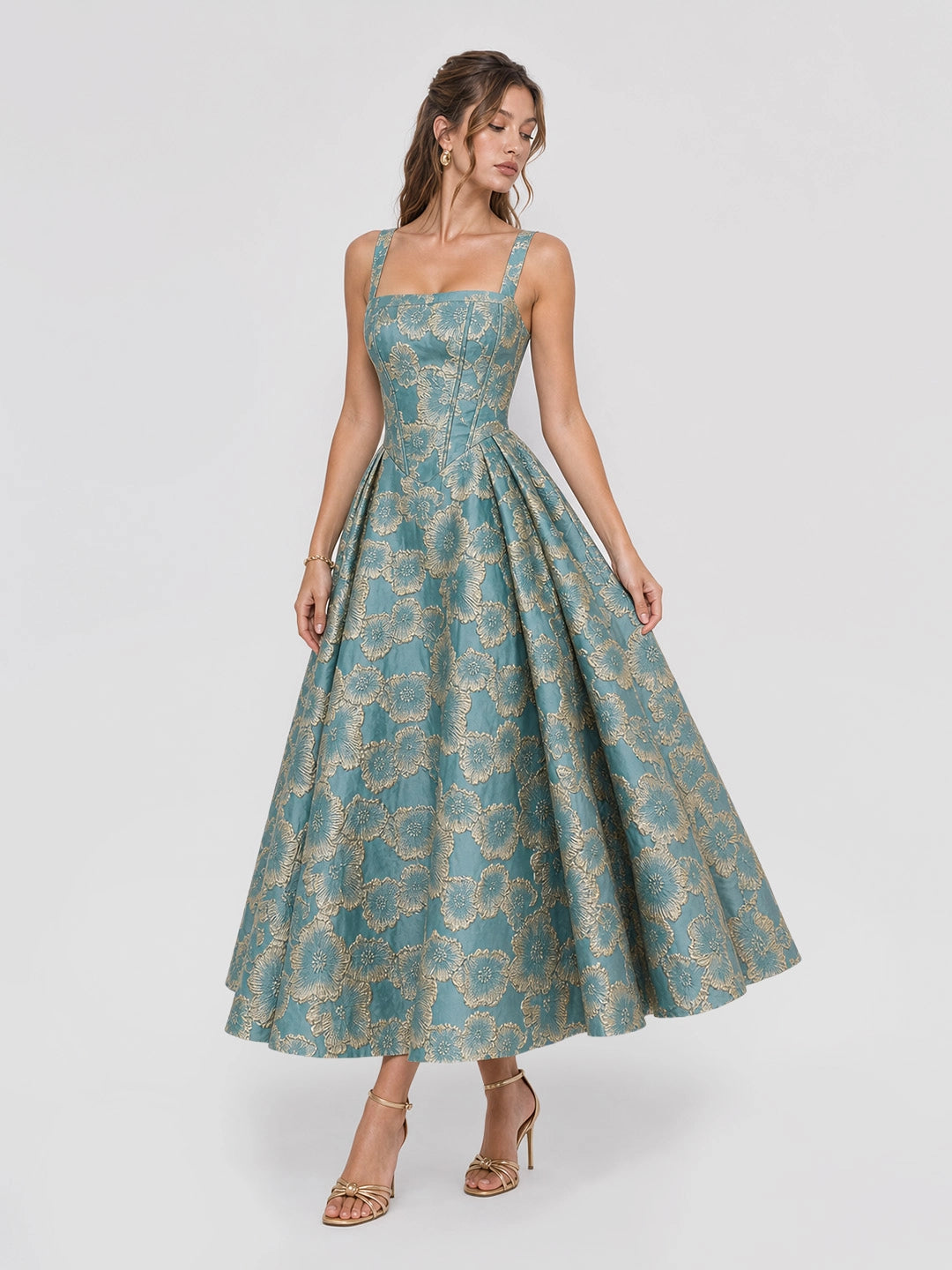 Square Neckline Floral Jacquard Midi Dress