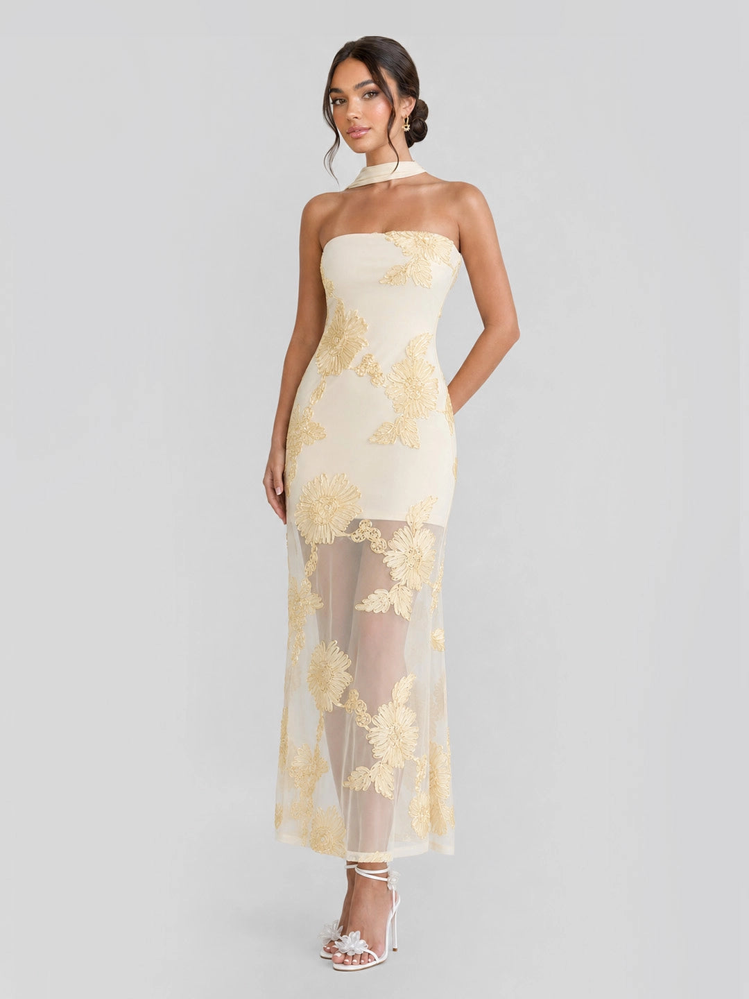 Strapless Embellished Floral Maxi Dress