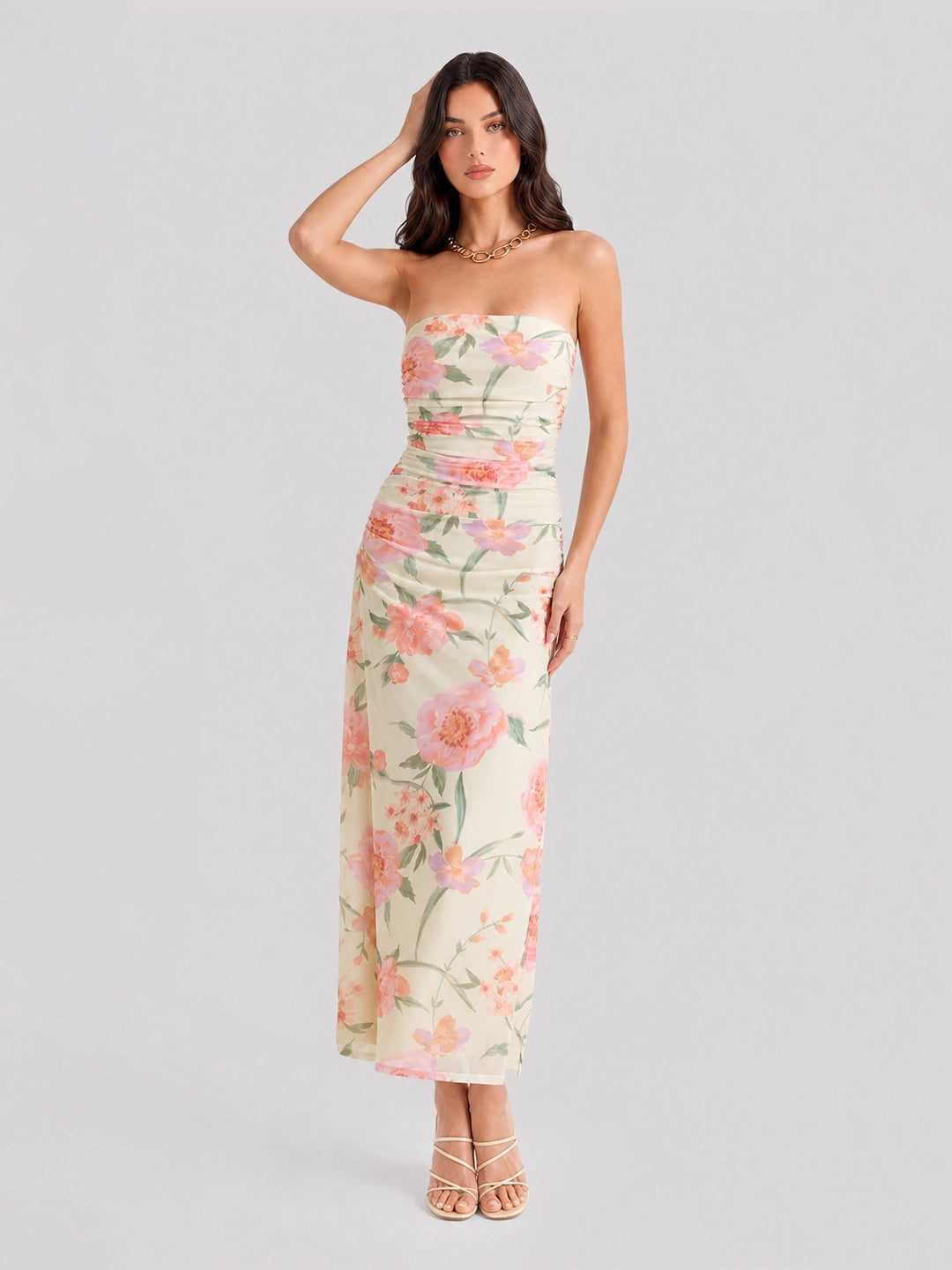 Strapless Floral Mesh Ruched Maxi Dress