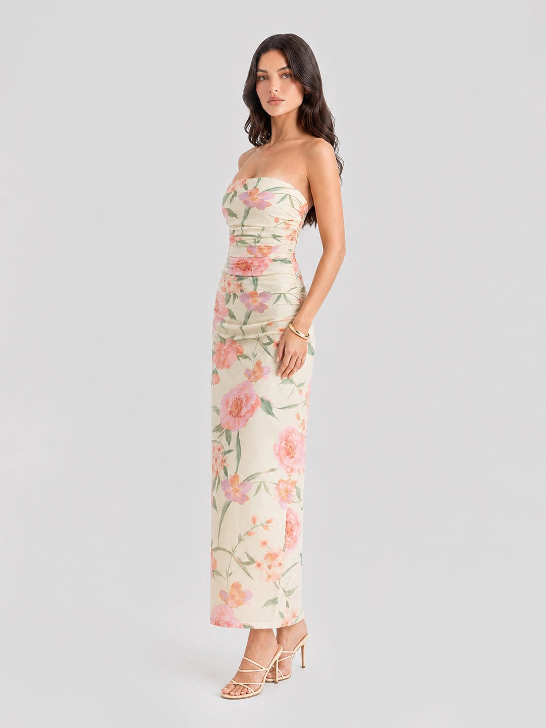Strapless Floral Mesh Ruched Maxi Dress