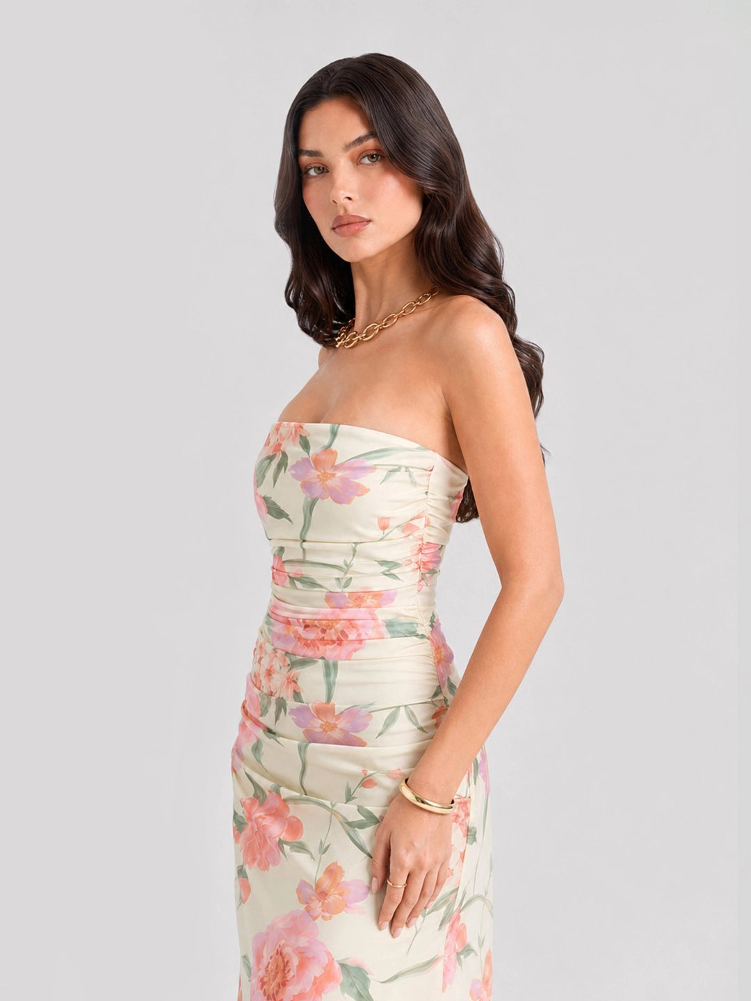 Strapless Floral Mesh Ruched Maxi Dress