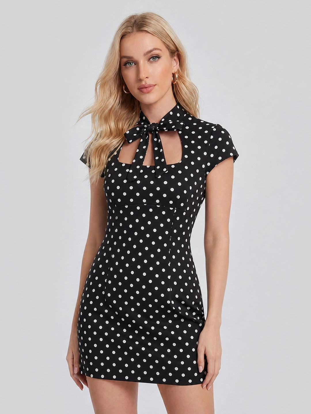 Sweet Bow Cut-out Neckline Polka Dot Mini Dress