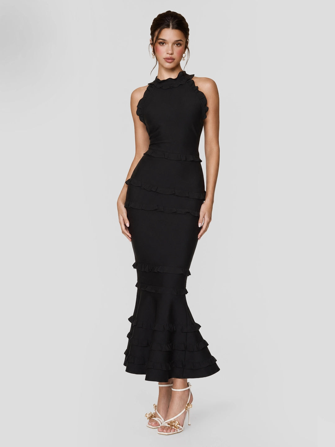 Tiered Ruffle Halterneck Maxi Dress