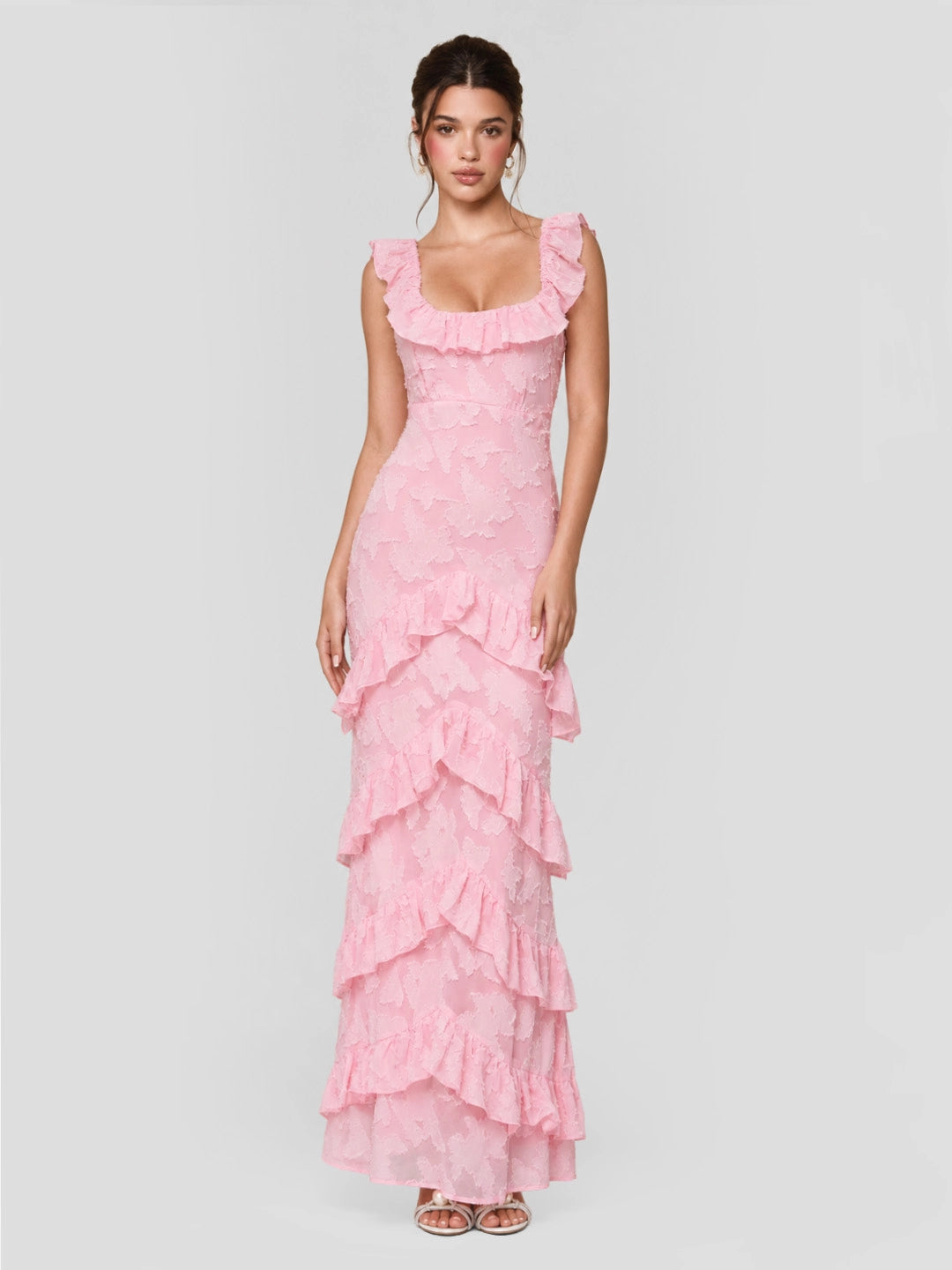 Tiered Ruffle Hem Jacquard Maxi Dress