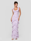 Tiered Ruffle Hem Jacquard Maxi Dress