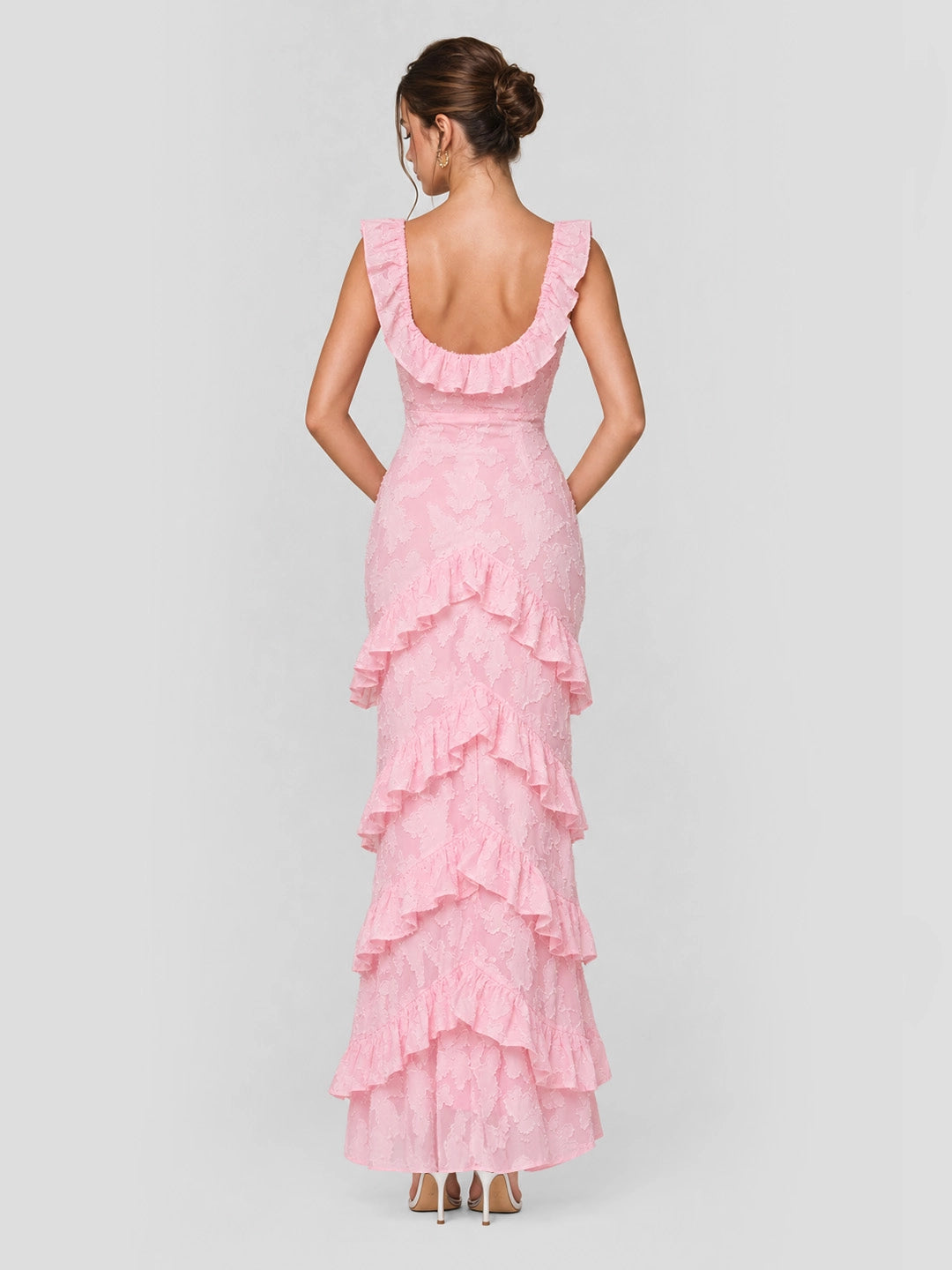 Tiered Ruffle Hem Jacquard Maxi Dress