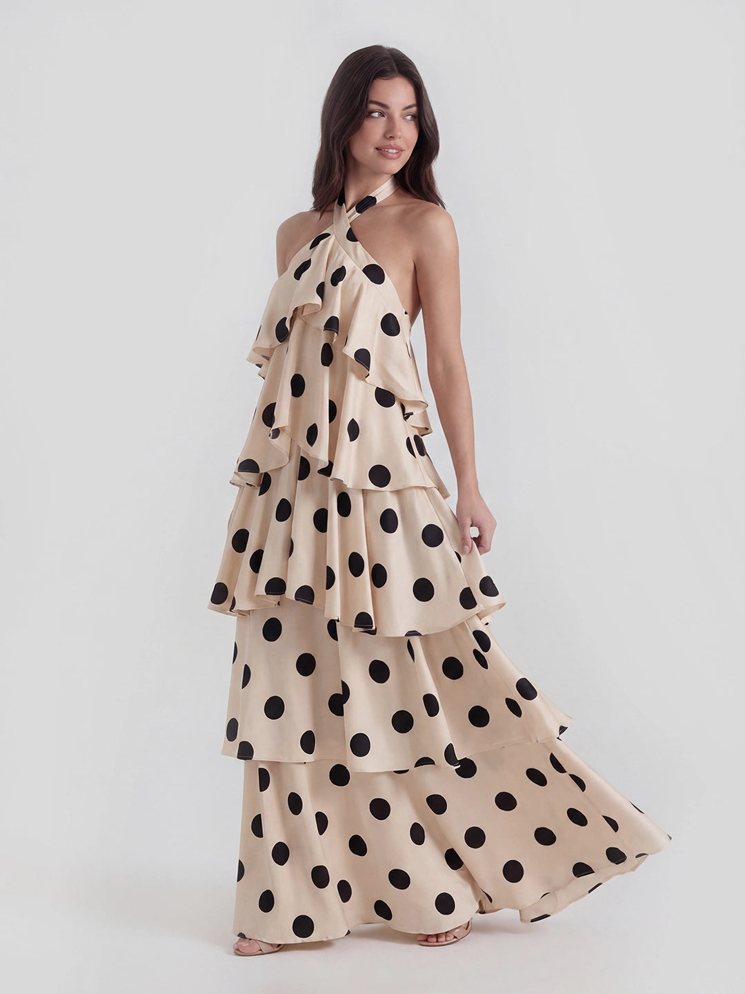 Tiered Ruffle Polka Dot Stain Gown