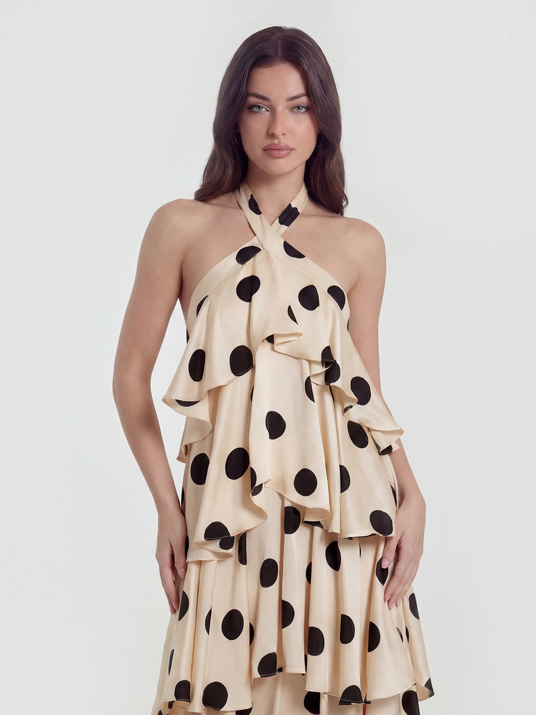 Tiered Ruffle Polka Dot Stain Gown