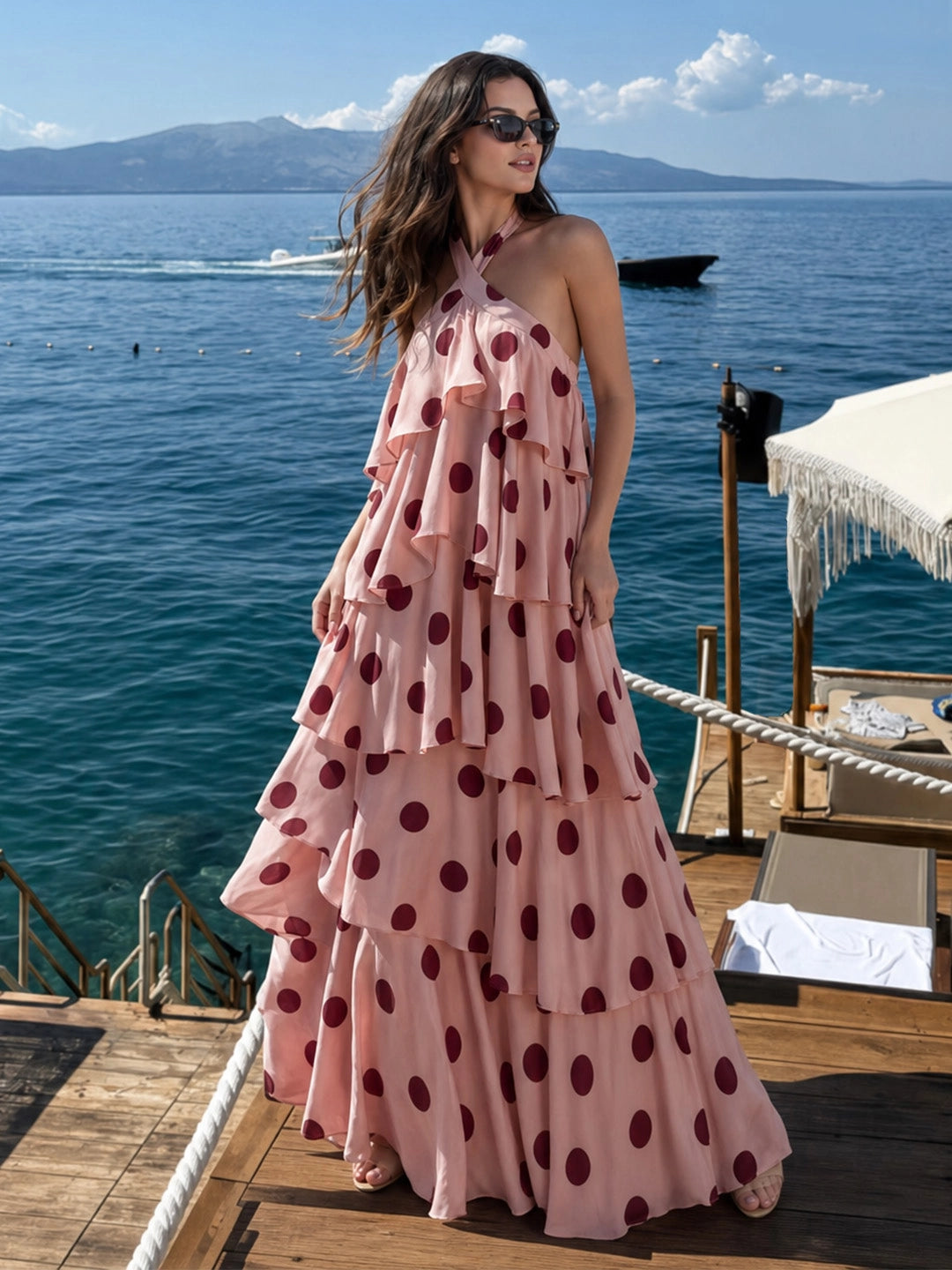 Tiered Ruffle Polka Dot Stain Gown