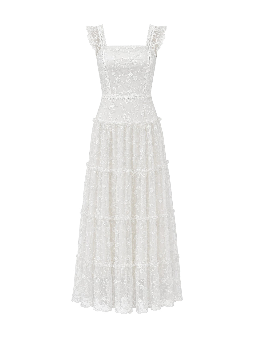 Tiered Vertical Lace Maxi Dress with Square Neckline