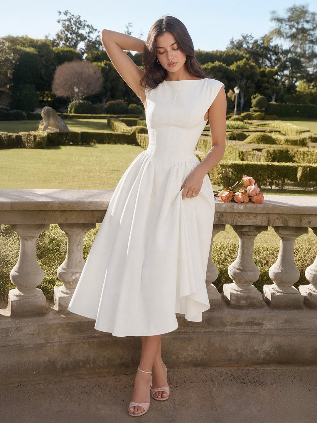 Timeless Hepburn Style Full Skirt Midi Dress