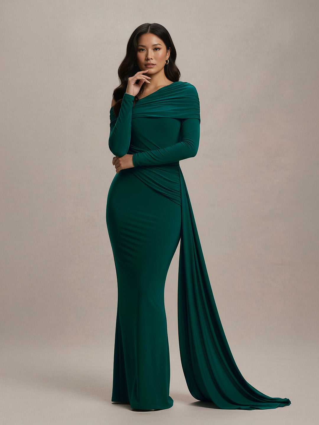 Timeless Sculptural Drape Jersey Maxi Dress