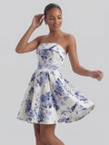 Toile de Jouy Blue and White Floral Bandeau Mini Dress