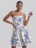 Toile de Jouy Blue and White Floral Bandeau Mini Dress
