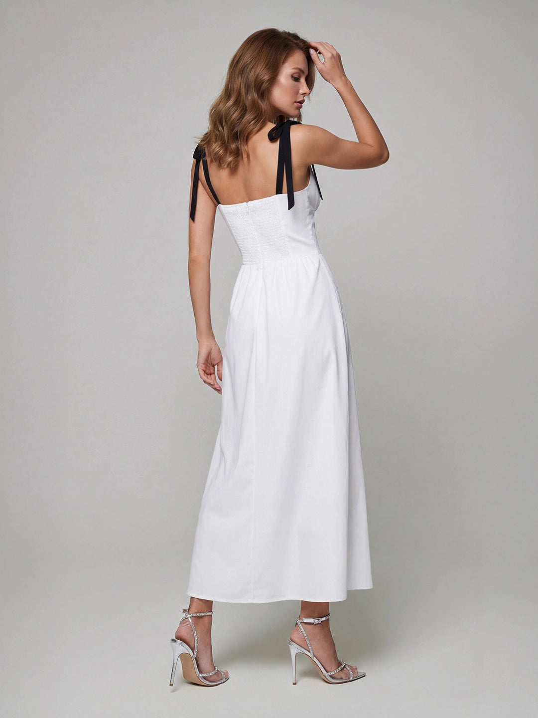 V-Neck Fitted Waist Maxi Dress with Bow Straps