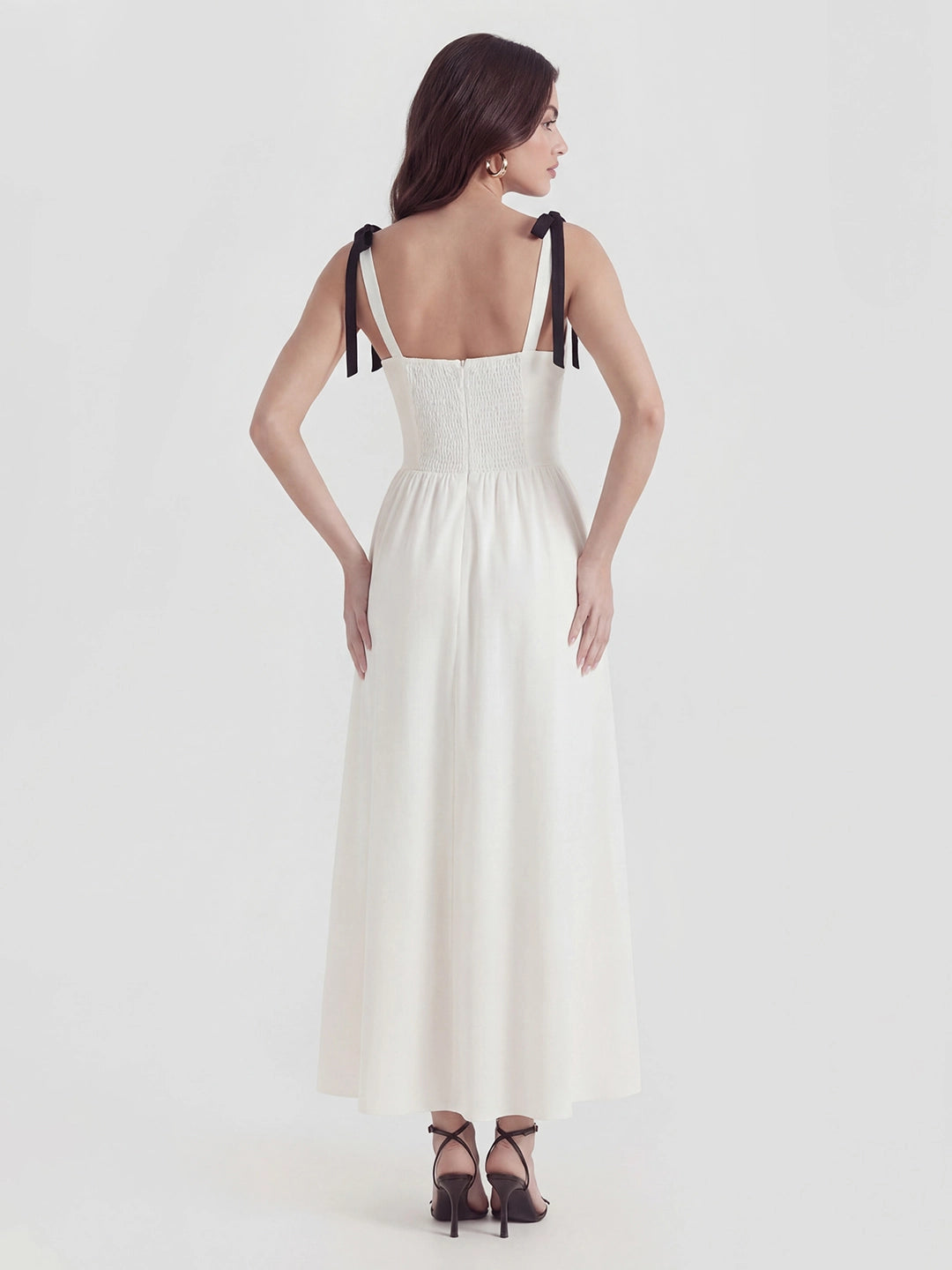 V-Neck Fitted Waist Maxi Dress with Bow Straps