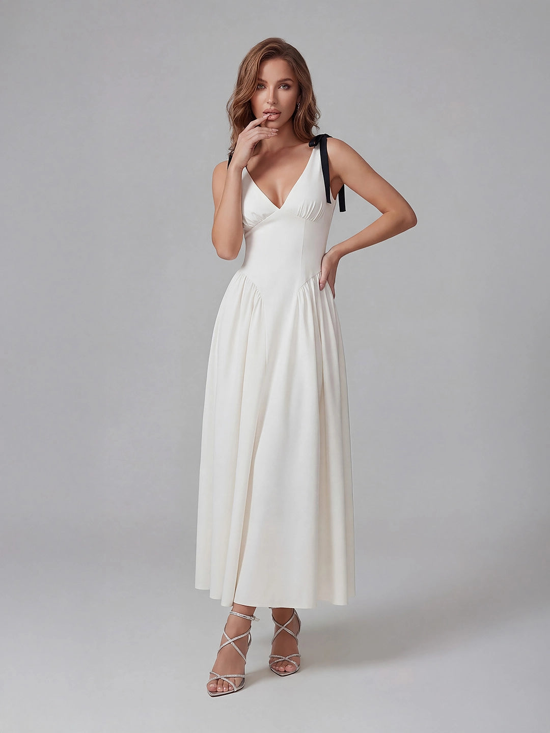 V-Neck Fitted Waist Maxi Dress with Bow Straps