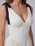 V-Neck Fitted Waist Maxi Dress with Bow Straps