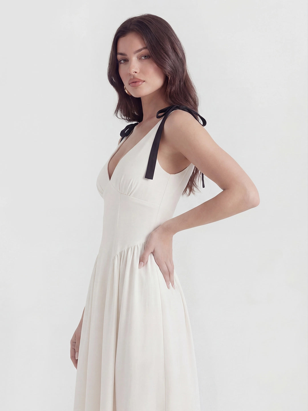 V-Neck Fitted Waist Maxi Dress with Bow Straps