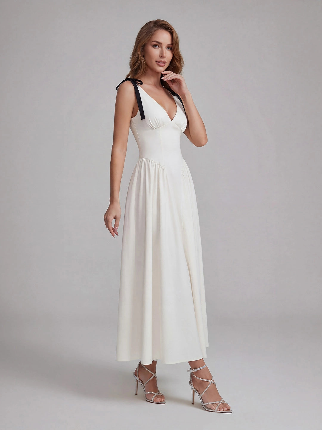 V-Neck Fitted Waist Maxi Dress with Bow Straps