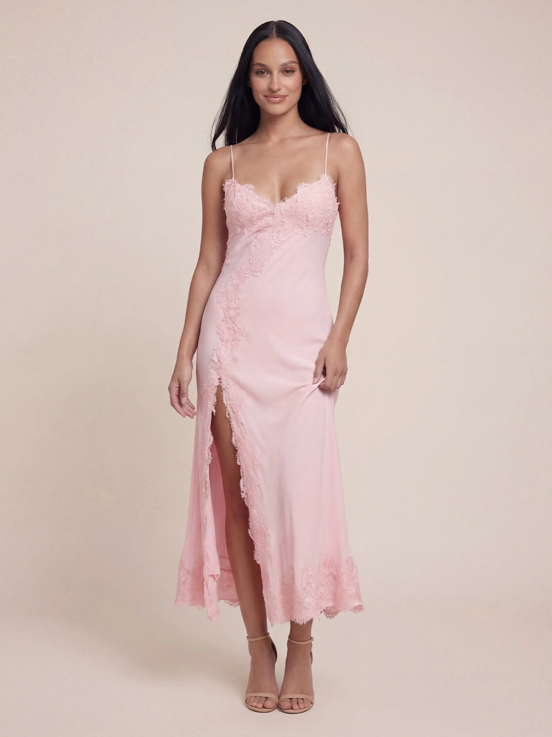 Valentine's Day Exclusive - V-Neck Lace Detailed Satin Maxi Dress