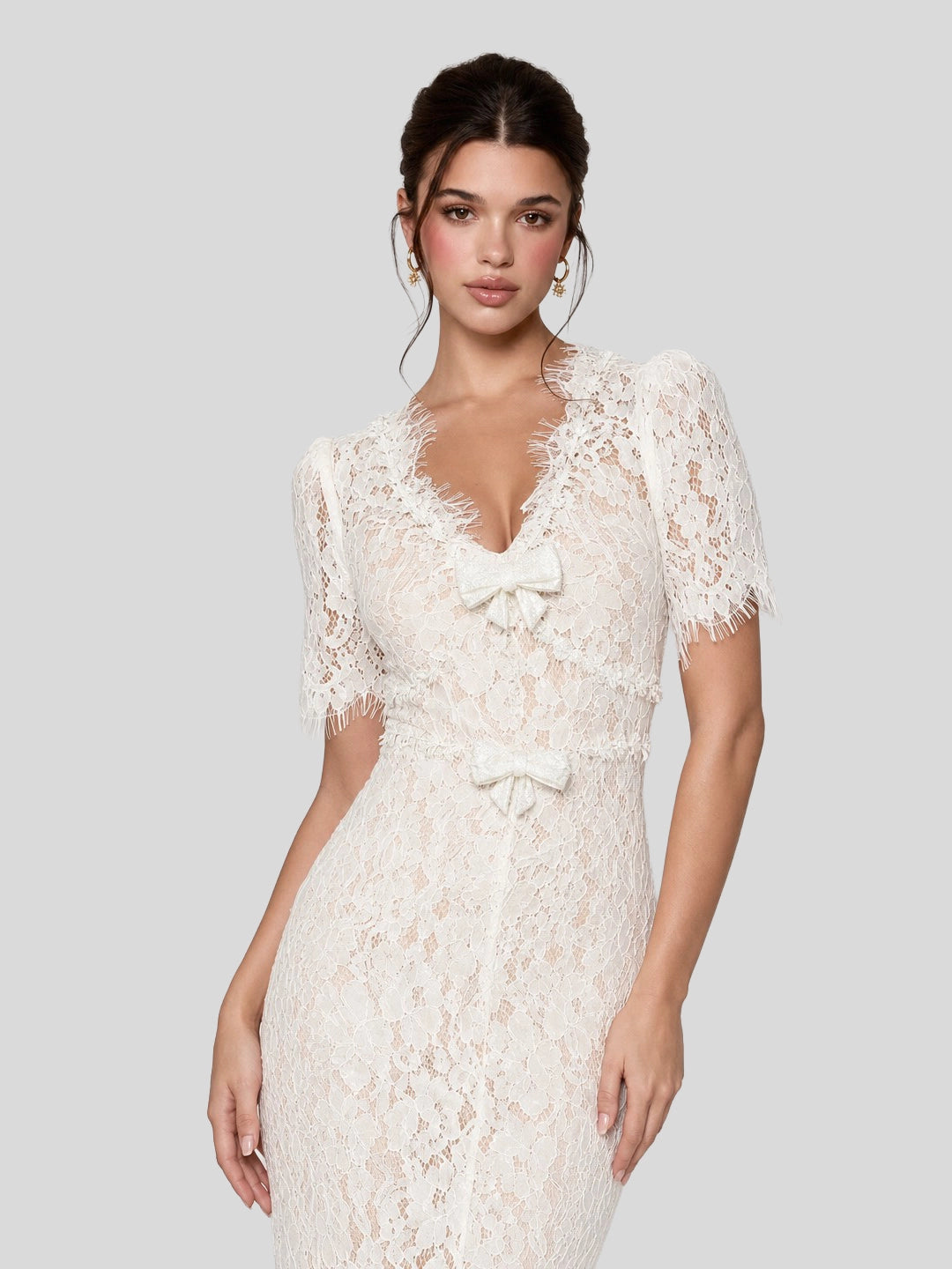 V-Neck Short Sleeves Bowknot Lace Midi Dress