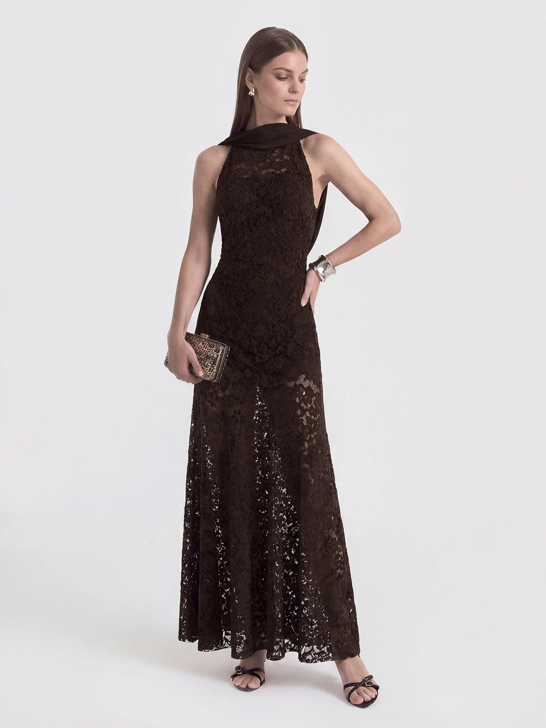 Velvet-Lace Halter Gown with Trailing Chiffon Accents