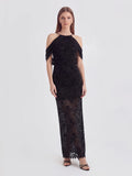 Velvet-Lace Halter Gown with Trailing Chiffon Accents