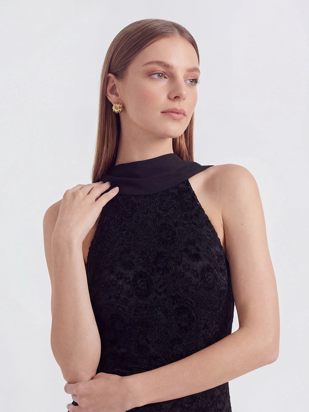Velvet-Lace Halter Gown with Trailing Chiffon Accents