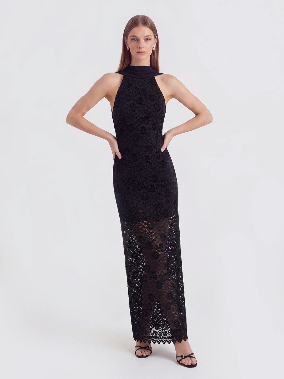 Velvet-Lace Halter Gown with Trailing Chiffon Accents