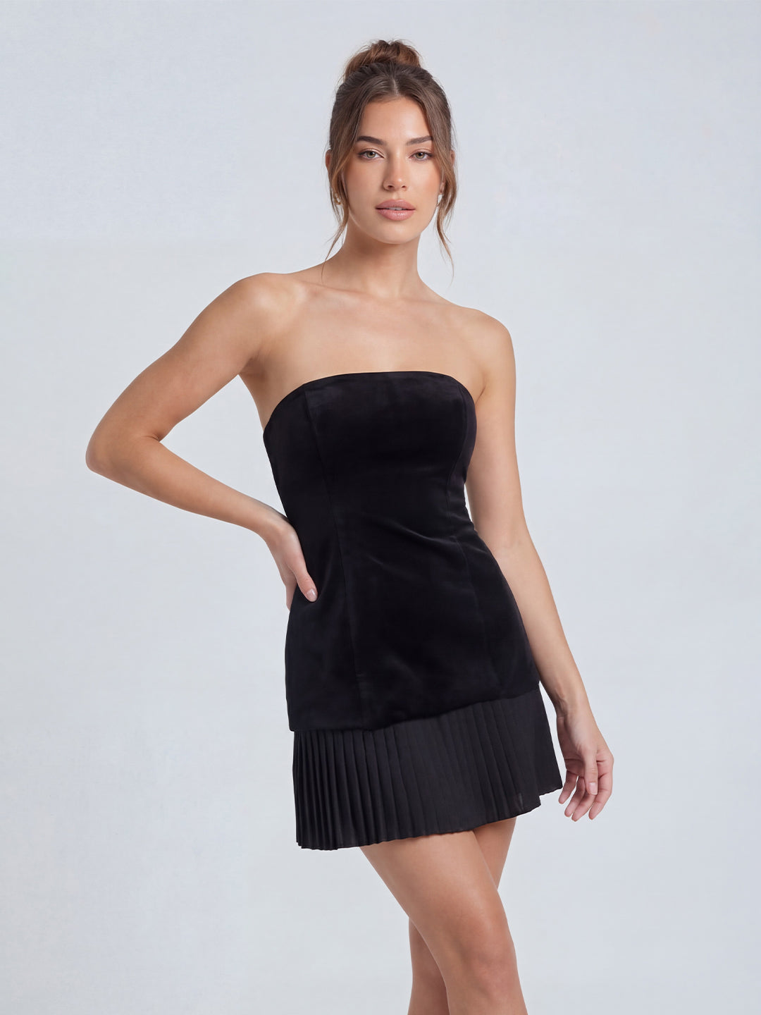 Velvet Bandeau Mini Dress With Pleated Detailing