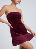 Velvet Bandeau Mini Dress With Pleated Detailing