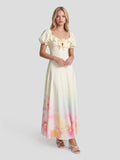 Watercolor-Ombré Puff Sleeve Maxi Dress