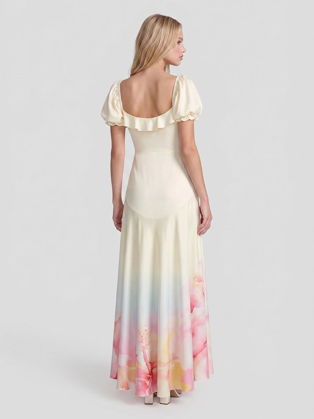 Watercolor-Ombré Puff Sleeve Maxi Dress