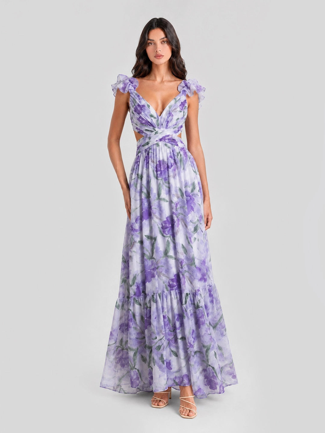 Watercolor Floral Cut-out Maxi Dress