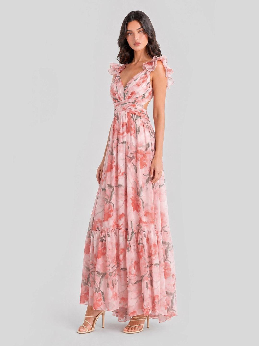 Watercolor Floral Cut-out Maxi Dress