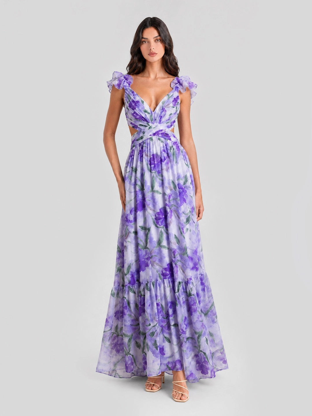 Watercolor Floral Cut-out Maxi Dress