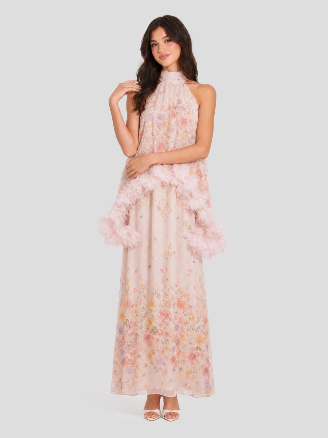 Watercolor Floral Halter Gown with Floral Trim