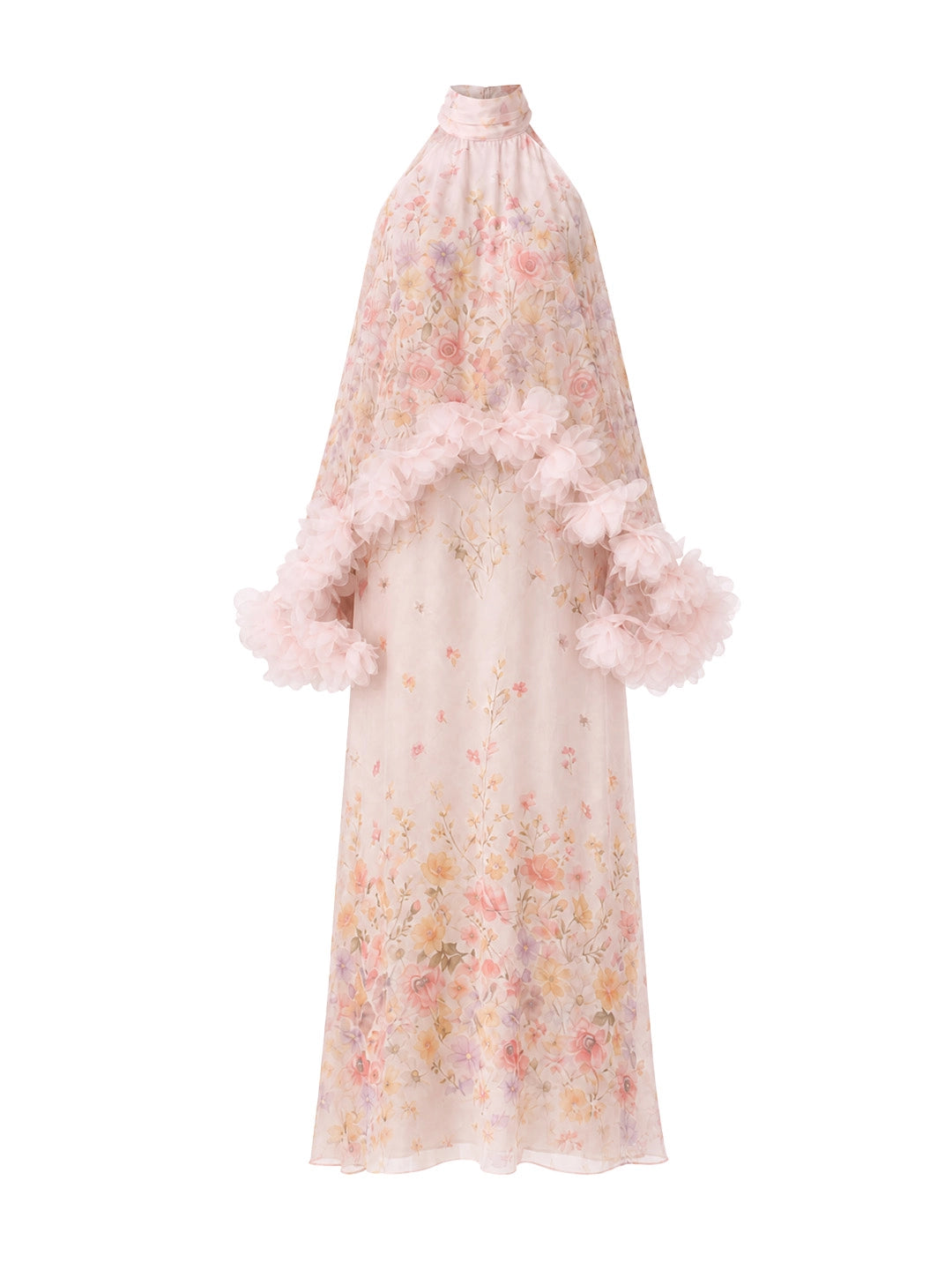 Watercolor Floral Halter Gown with Floral Trim