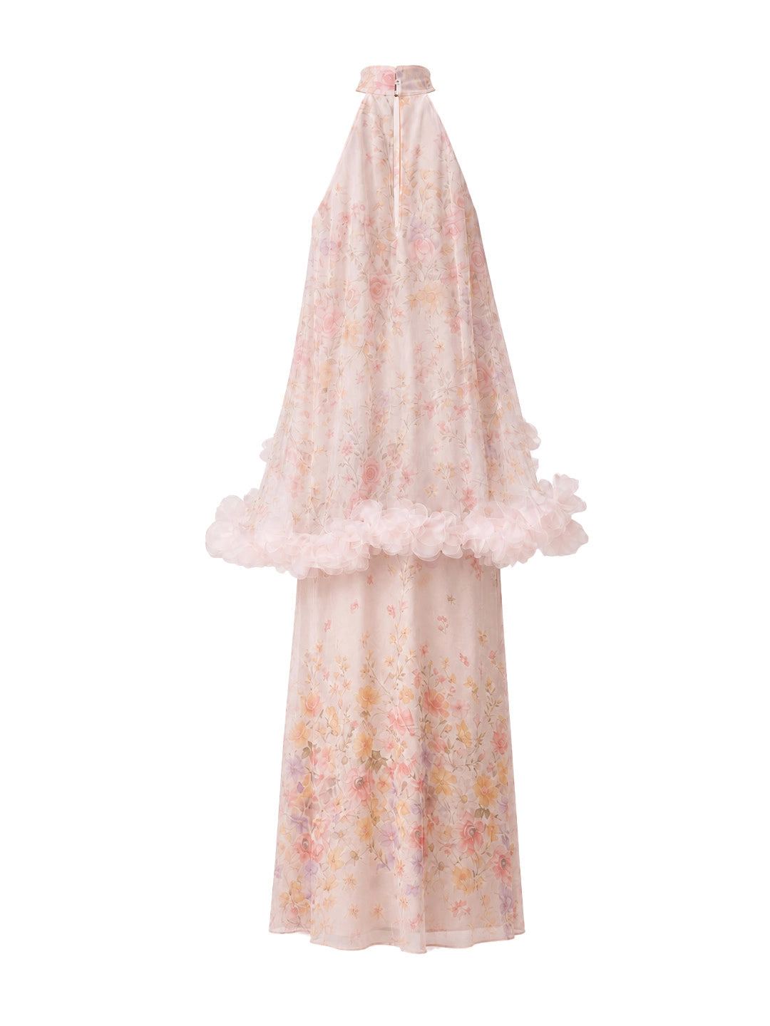 Watercolor Floral Halter Gown with Floral Trim