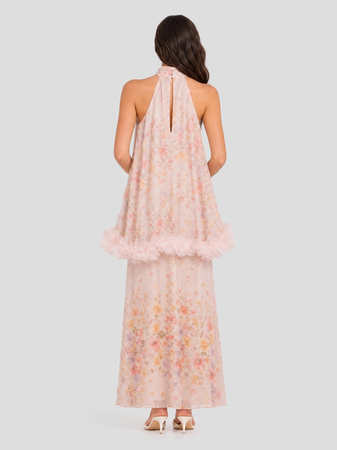 Watercolor Floral Halter Gown with Floral Trim