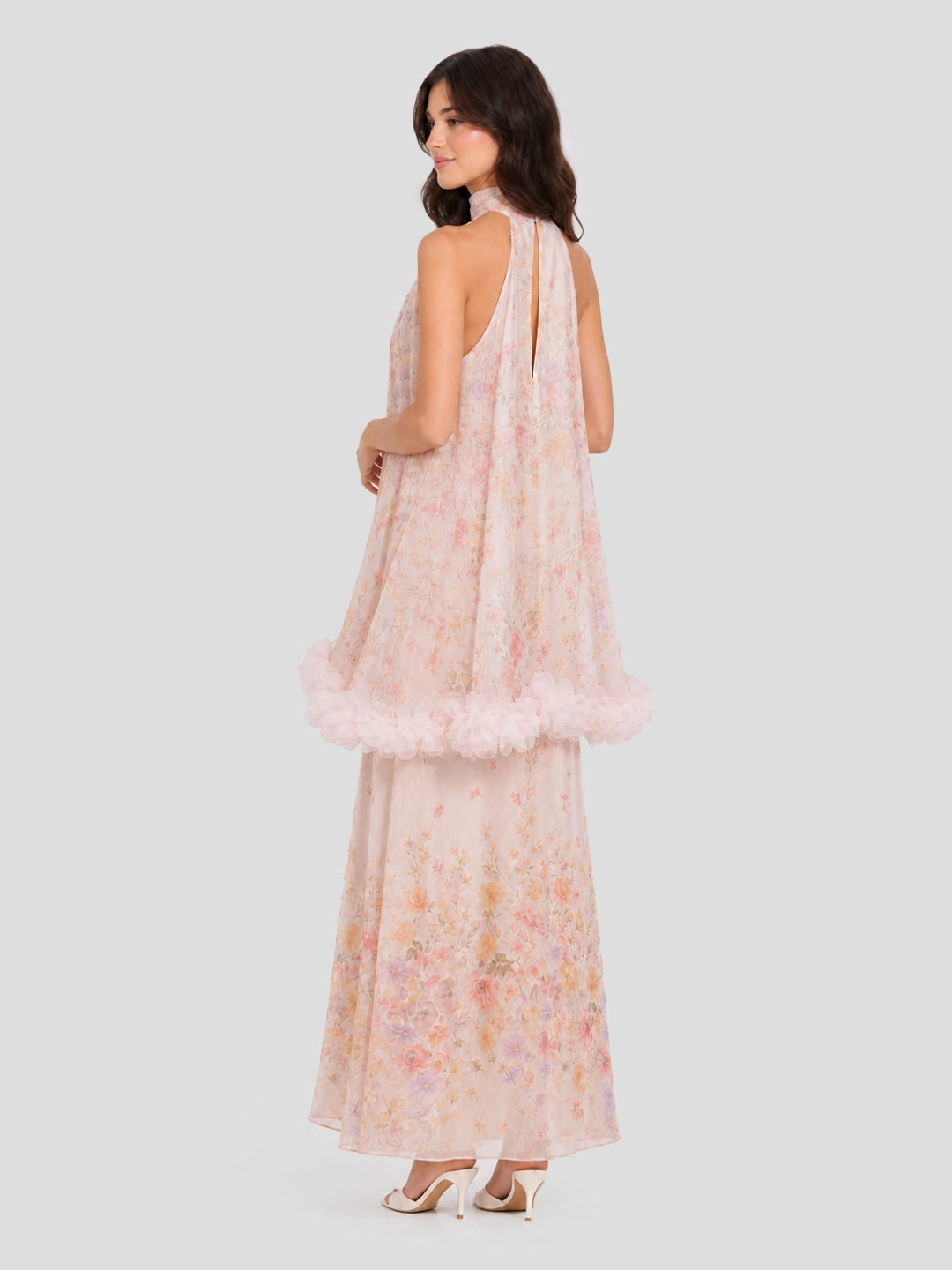 Watercolor Floral Halter Gown with Floral Trim