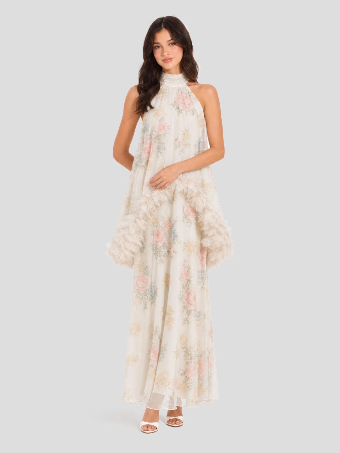 Watercolor Floral Halter Gown with Floral Trim